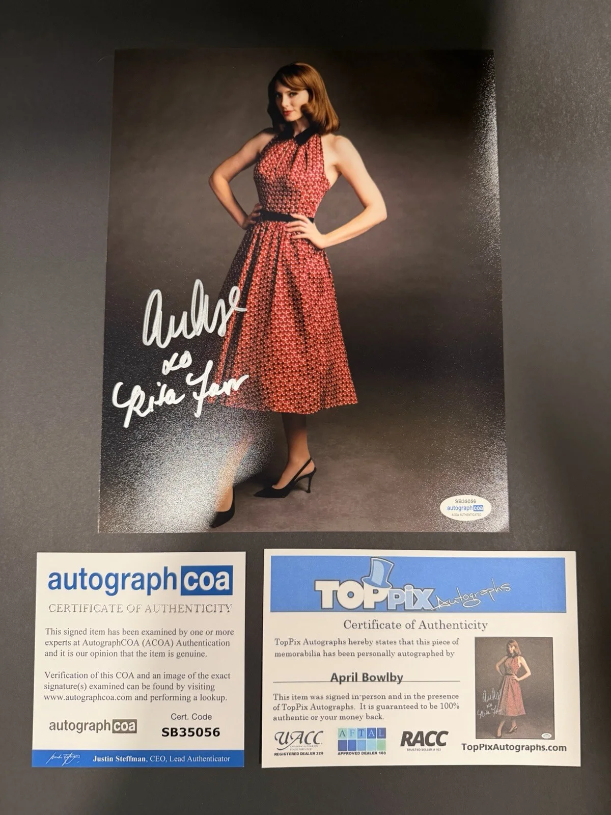April Bowlby signed 8x10 ACOA and TopPix COA, image 2