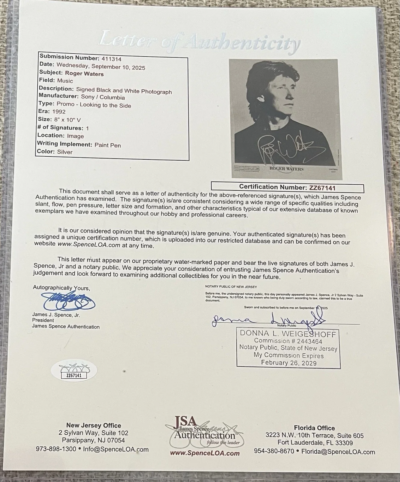 Roger Waters Pink Floyd Signed 8x10 Gem Large Autograph JSA Full Letter, image 2