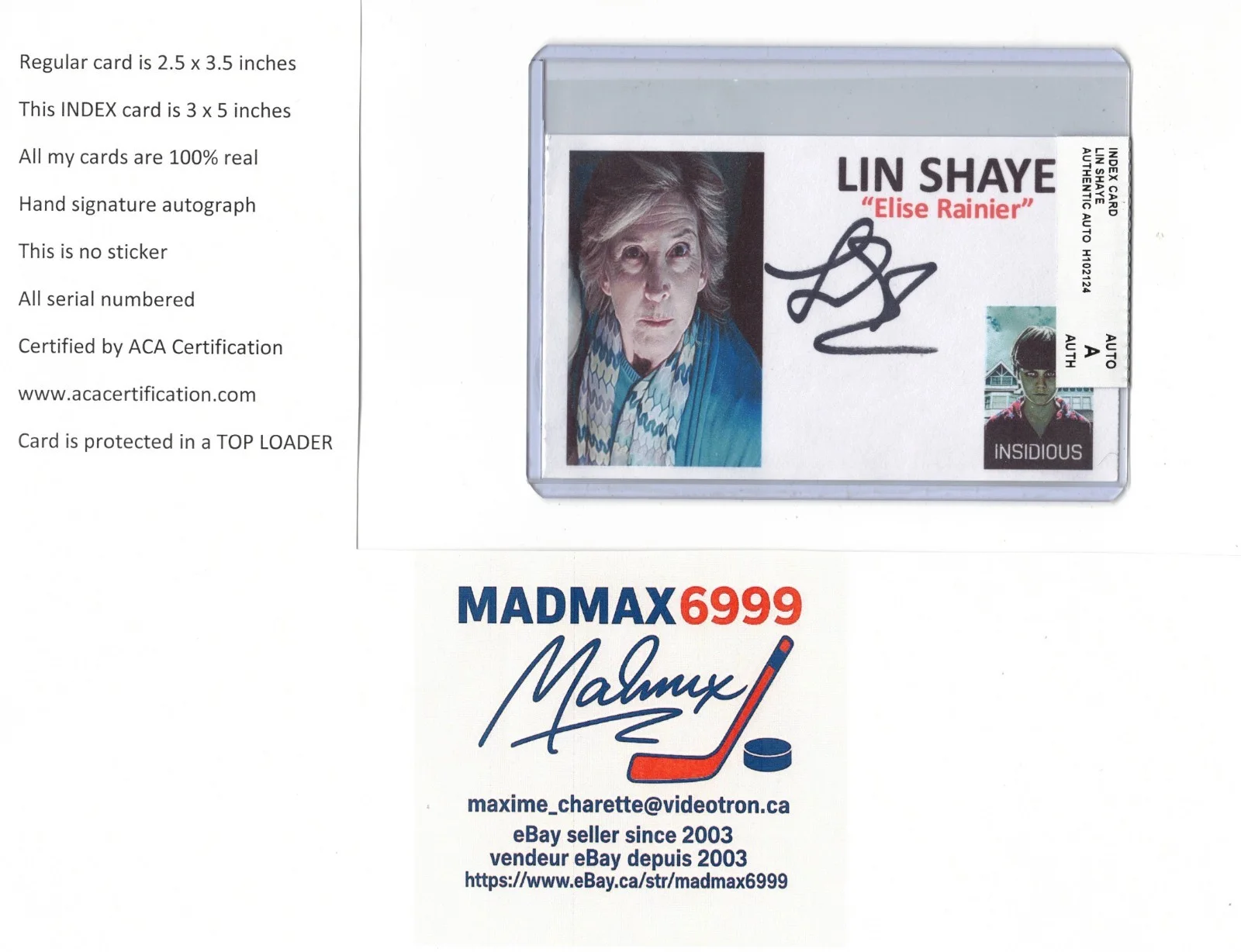 Lin Shaye — Lin Shaye Insidious HORROR AUTOGRAPH AUTO SIGNED INDEX CARD 100% COA