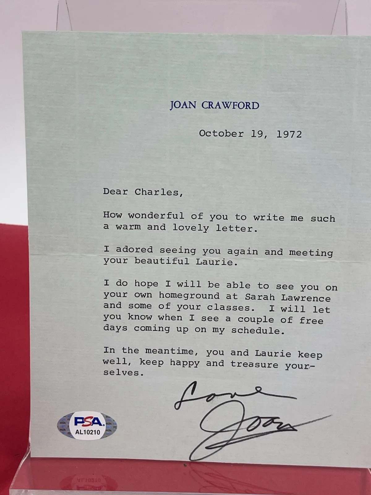 Joan Crawford — Joan Crawford Hand Signed Letter 1972 PSA Actress Academy Award Winner, изображение 2