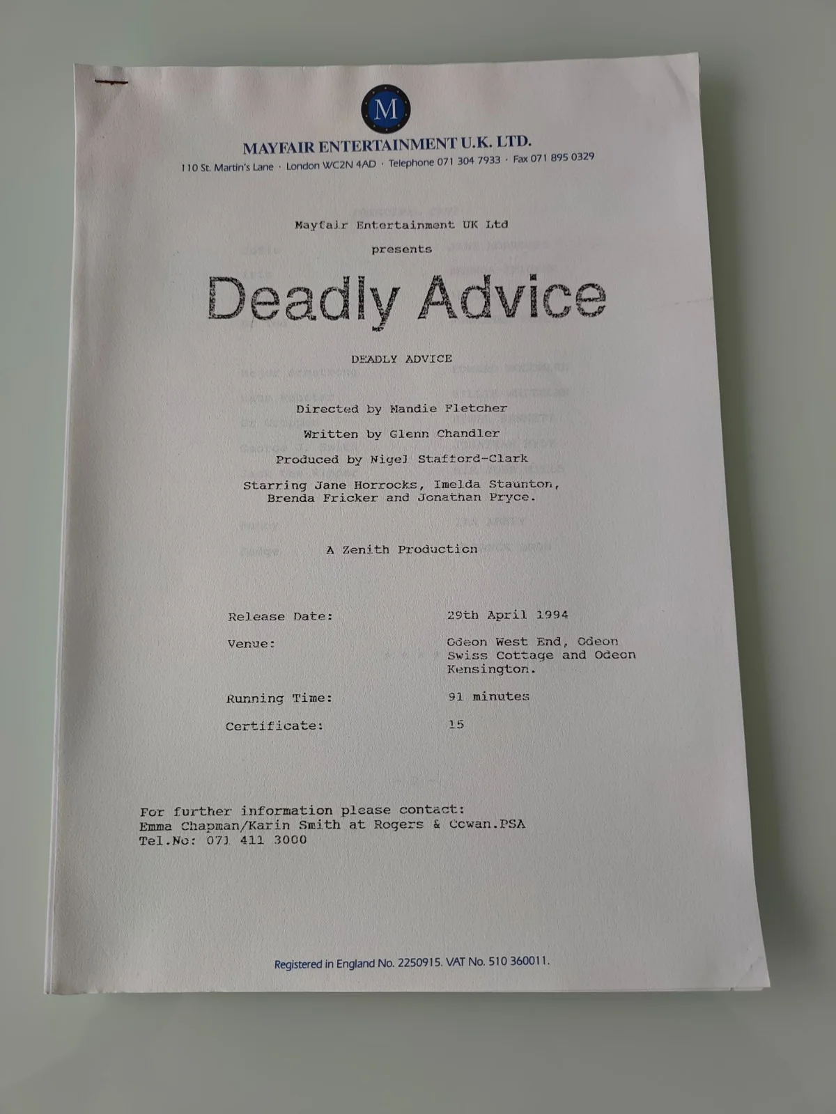 Deadly Advice (1994) - Rare Original UK Press Kit British Dark Comedy Thriller, image 3