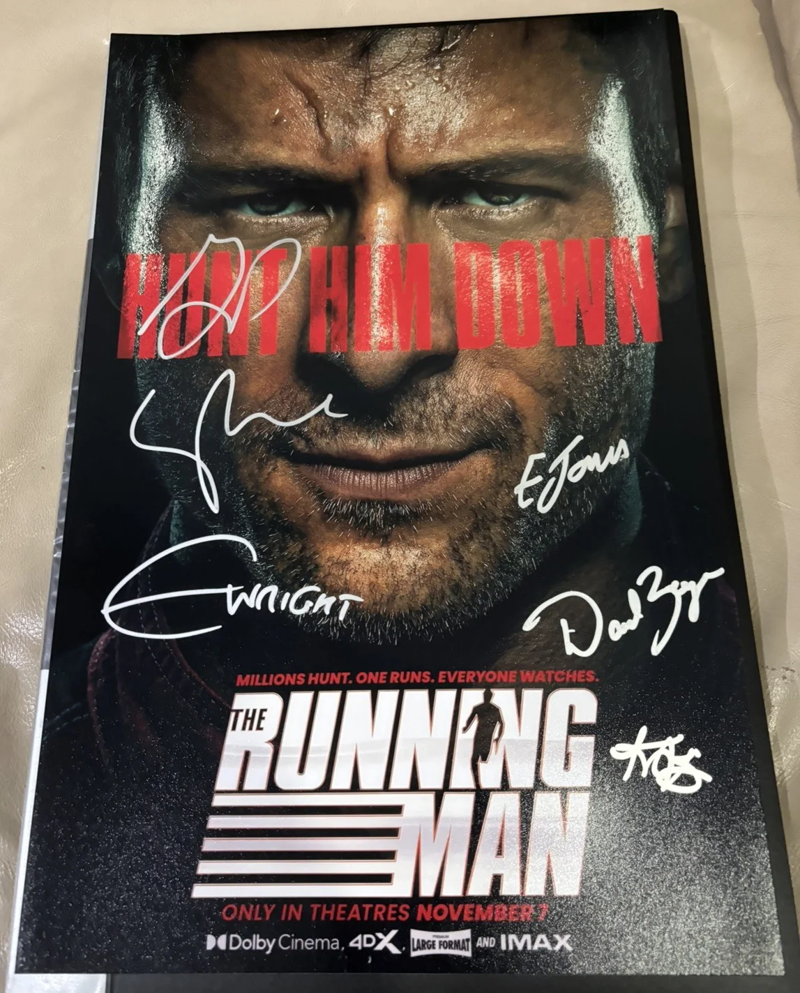 Edgar Wright, Glen Powell — The Running Man 11x17 Photo Signed by Edgar Wright, Glen Powell, Lee Pace +3
