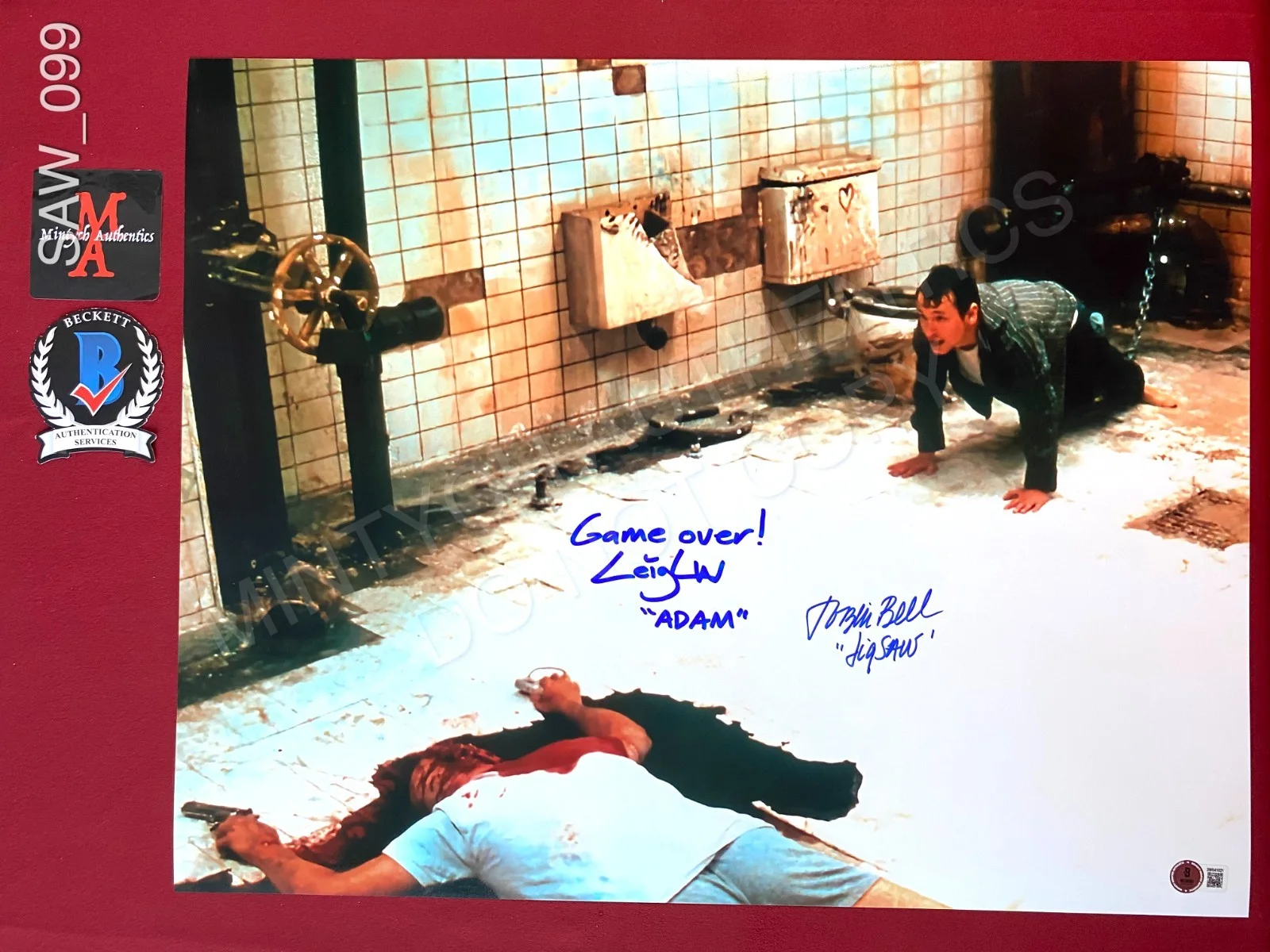 Tobin Bell, Leigh Whannell — Tobin Bell and Leigh Whannell Saw signed 16x20 photo Beckett COA horror