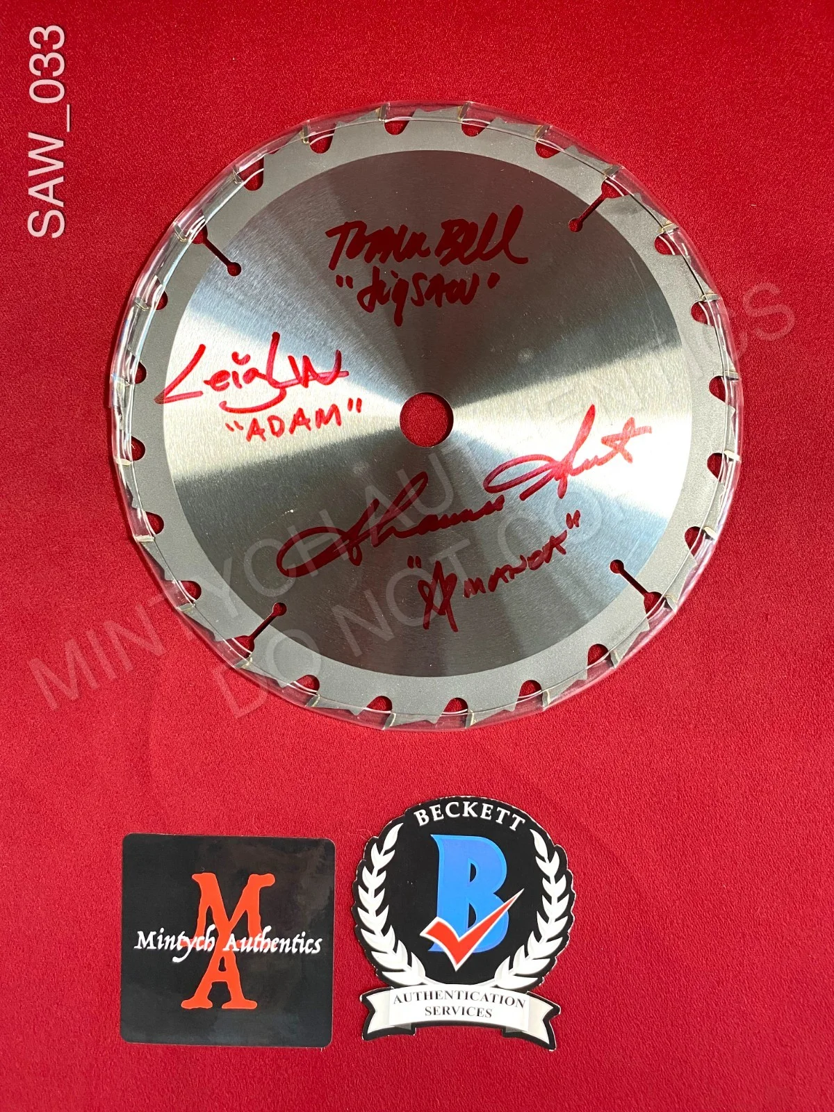 Tobin Bell, Shawnee Smith, Leigh Whannell — Saw cast signed real 7" saw blade Tobin Bell Shawnee Smith Leigh Whannell Jigsaw