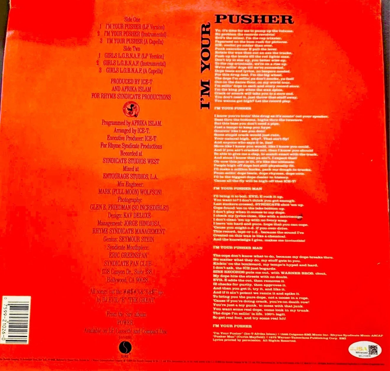 Ice-T Signed “Im Your Pusher” Vinyl Record Single Iconic Rapper JSA Certified, image 2