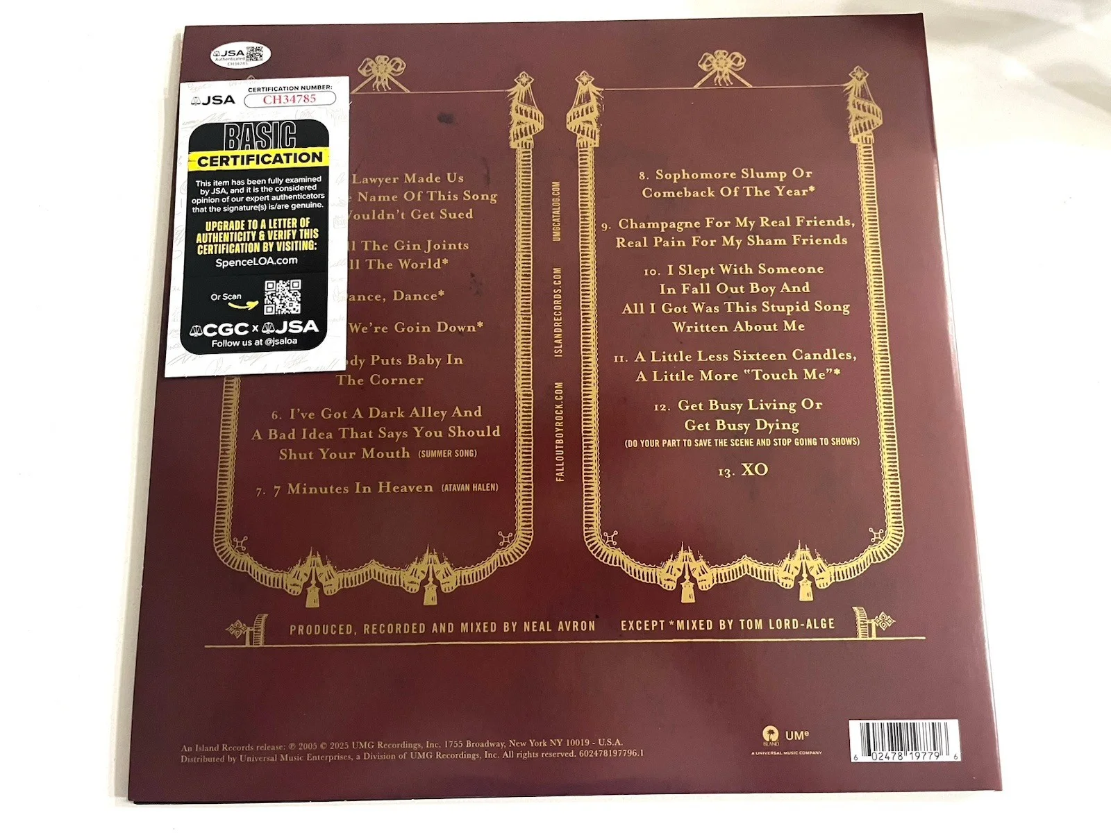 PATRICK STUMP FALL OUT BOY SIGNED FROM UNDER THE CORK TREE LP VINYL RECORD JSA, image 2