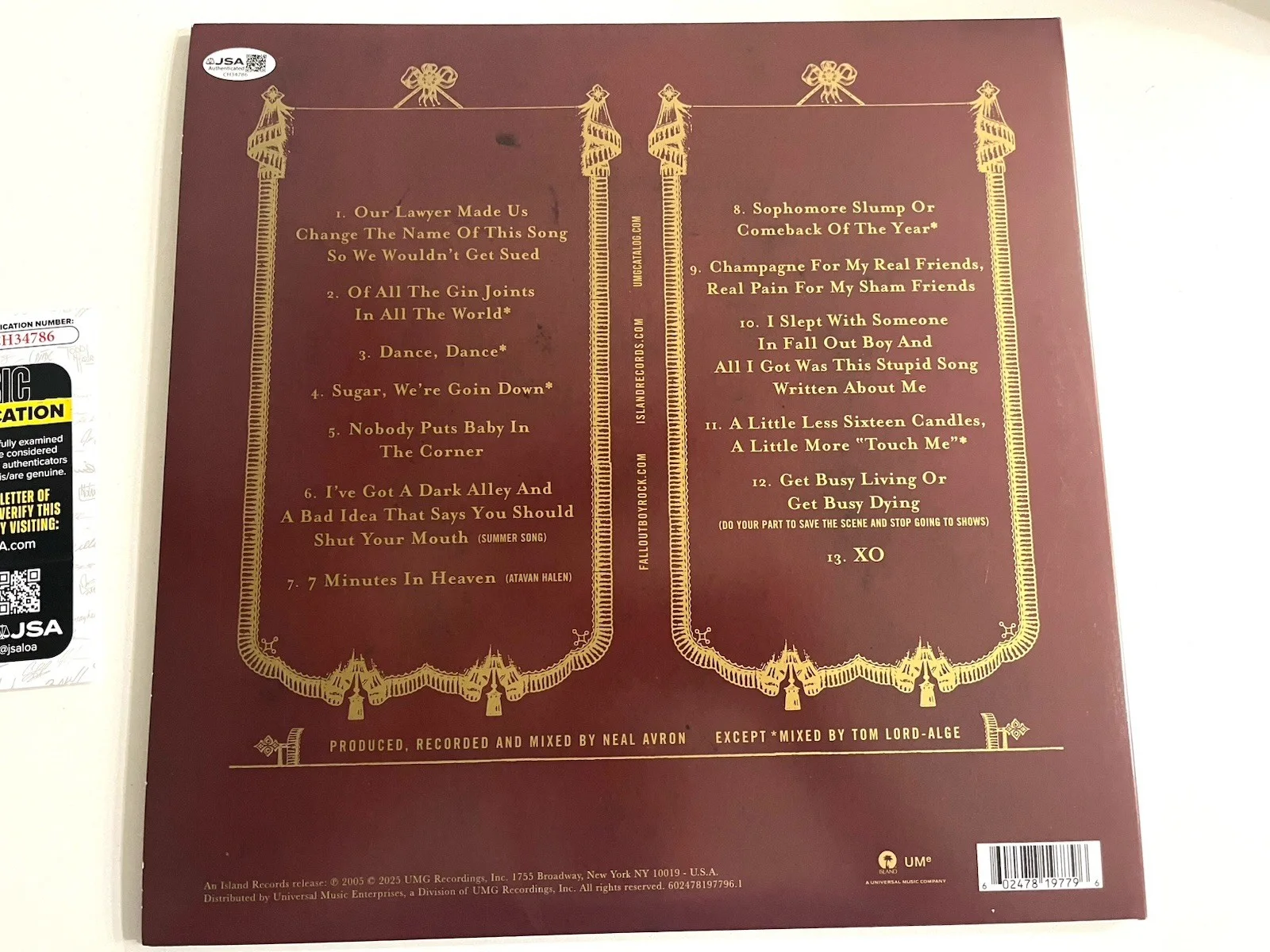 PATRICK STUMP FALL OUT BOY SIGNED FROM UNDER THE CORK TREE LP VINYL RECORD JSA, image 3
