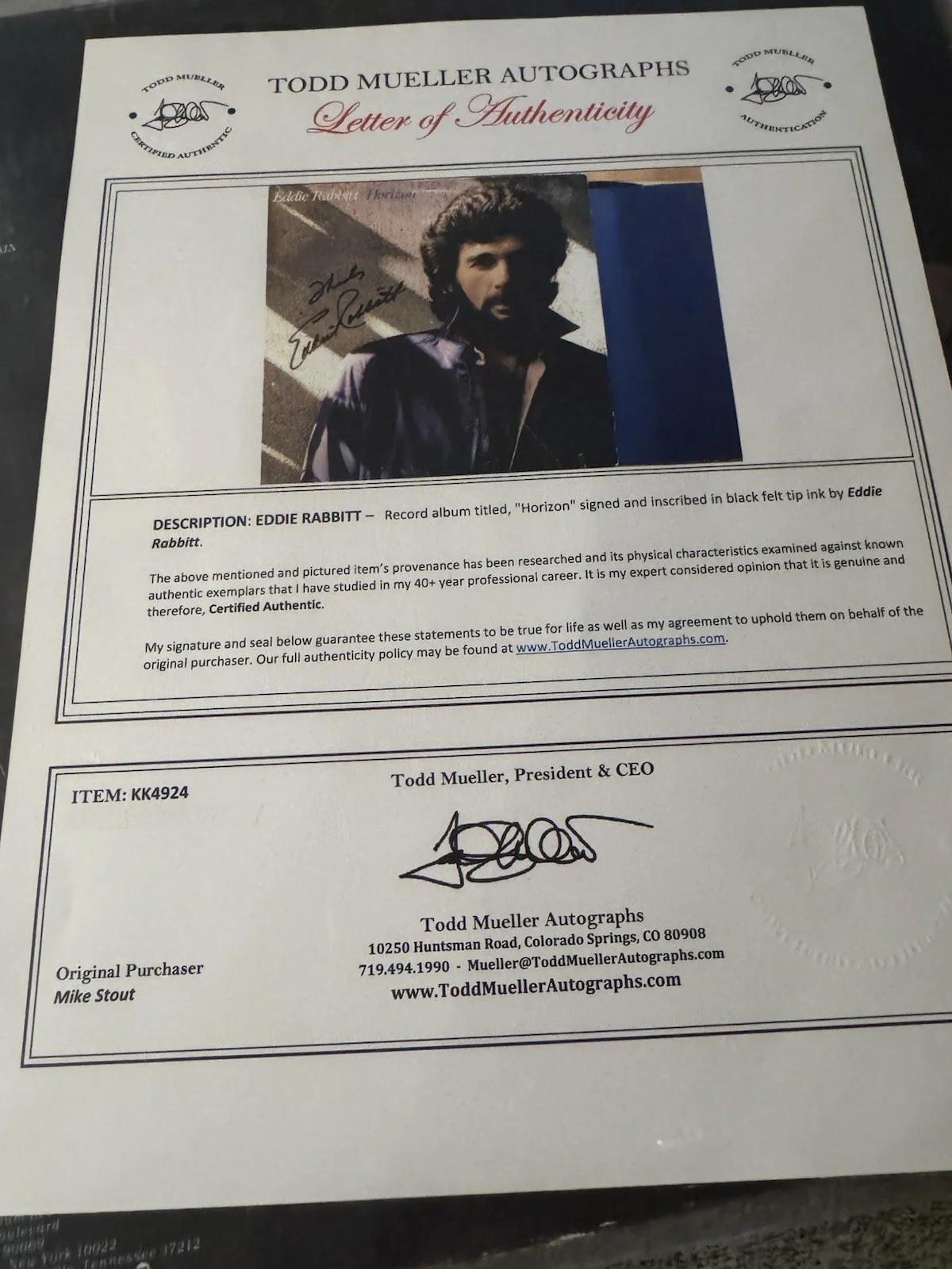 EDDIE RABBITT TODD MUELLER/COA SIGNED LP RECORD ALBUM dual COAs country music, изображение 4