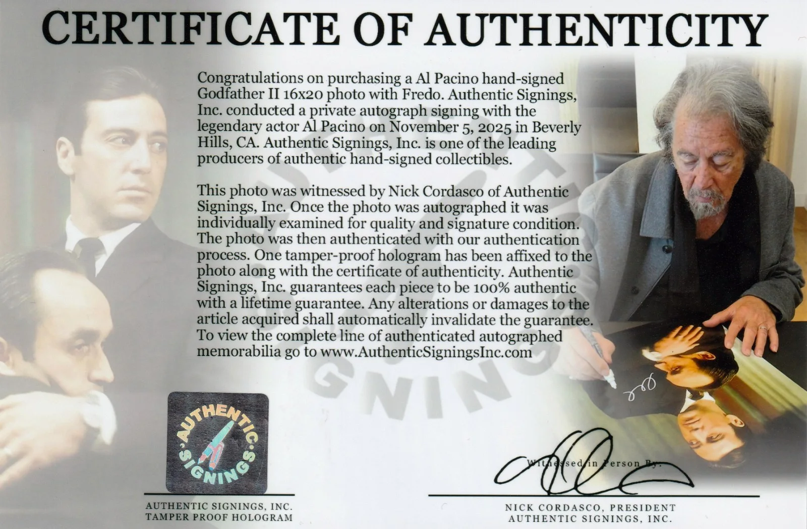 Al Pacino — Al Pacino Autographed Holding Fredo THE GODFATHER II 16x20 Photo ASI Proof, изображение 2