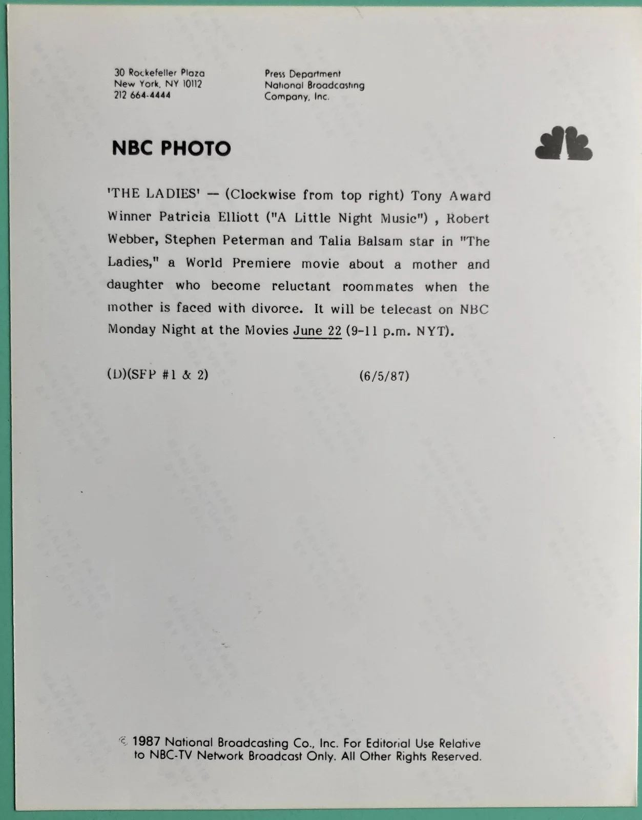 Patricia Elliott — Patricia Elliott (Only) Signed Photo 7”X9” NBC TV Movie The Ladies Talia Balsam, изображение 3