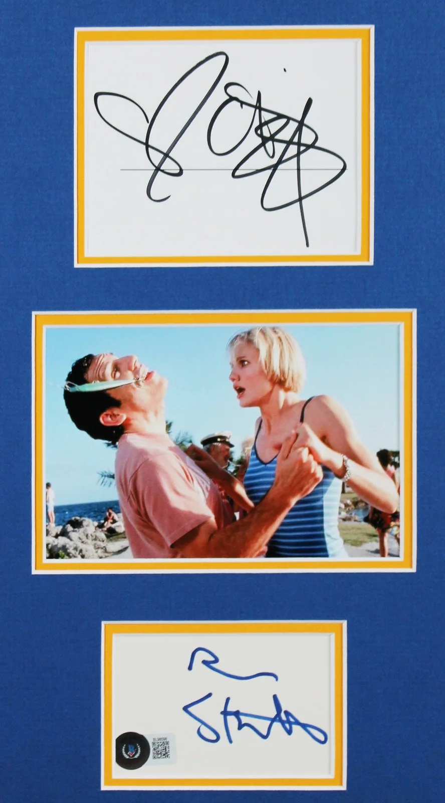 Ben Stiller, Cameron Diaz, Matt Dillon, Chris Elliott, Lin Shaye — There's Something About Mary (5) Stiller, Diaz, Dillon Signed Framed Display BAS, image 2