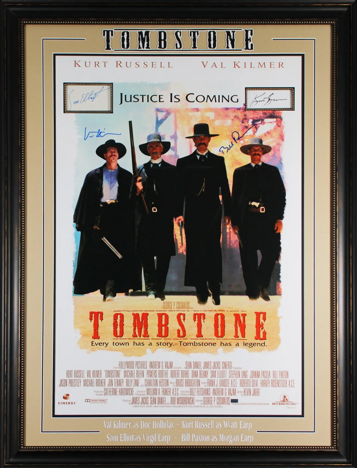 Kurt Russell, Val Kilmer, Sam Elliott & Bill Paxton — Tombstone (4) Russell, Kilmer +2 Signed 27x38 Movie Poster Framed Display BAS