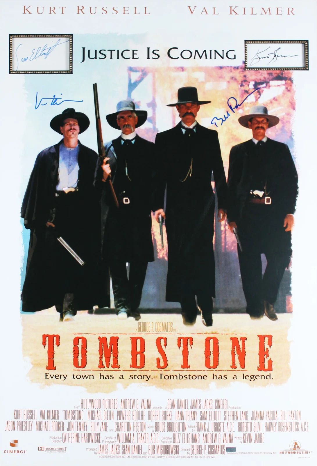 Kurt Russell, Val Kilmer, Sam Elliott, Bill Paxton — Tombstone (4) Russell, Kilmer +2 Signed 27x38 Movie Poster Framed Display BAS, image 2