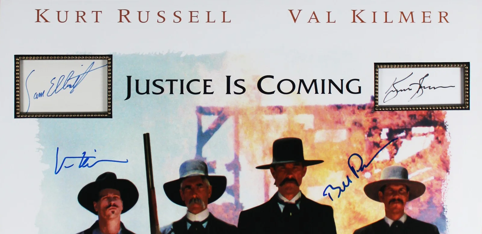 Kurt Russell, Val Kilmer, Sam Elliott, Bill Paxton — Tombstone (4) Russell, Kilmer +2 Signed 27x38 Movie Poster Framed Display BAS, image 3