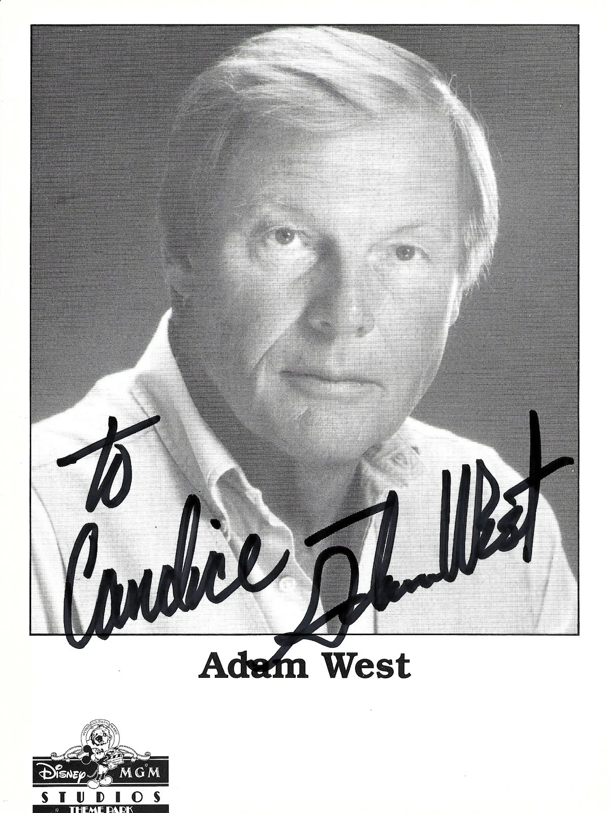 ADAM WEST — ADAM WEST signed DISNEY MGM STUDIOS THEME PARK 7x5 dedicated with COA BATMAN