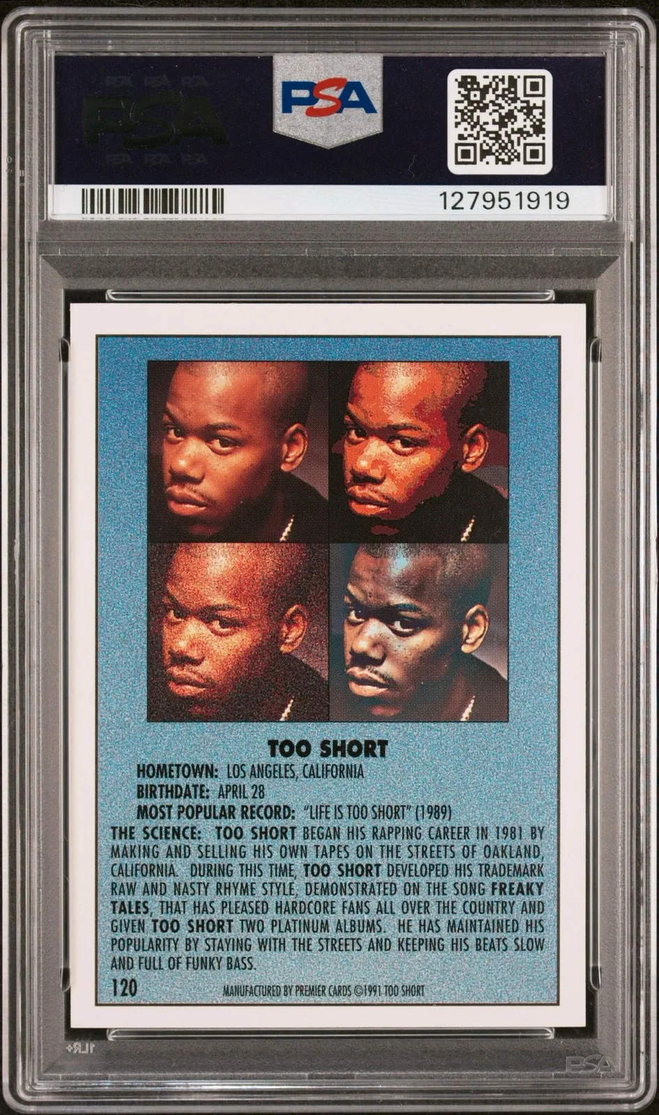 1991 Premier Rap Pack #120 Too Short Signed Autographed PSA 9 Mint, image 2