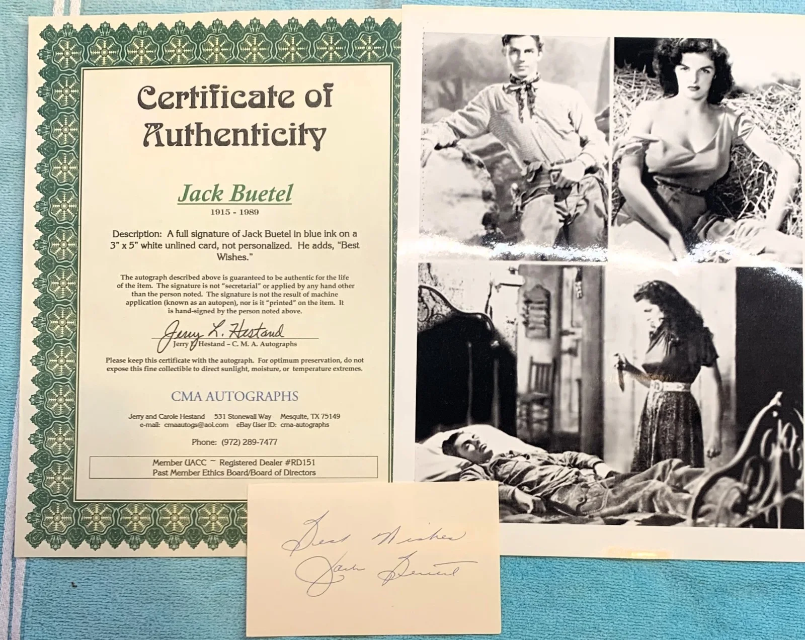 Jack Buetel d. 1989 Actor The Outlaw Signed 3" x 5" Index Card COA with Photo, изображение 3