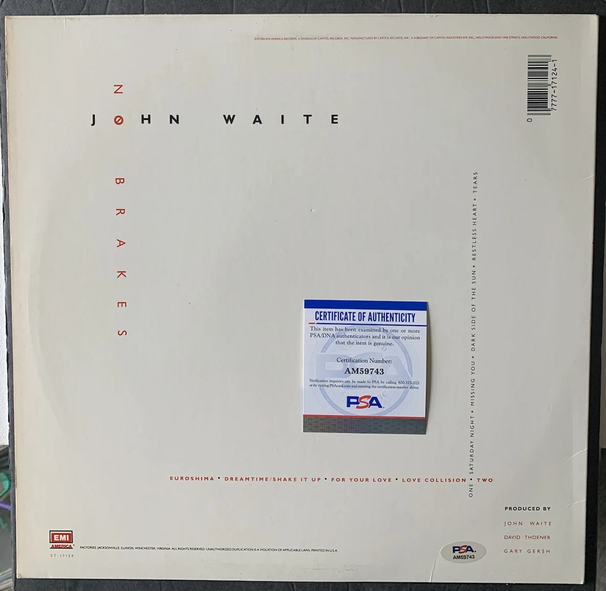JOHN WAITE SIGNED NO BRAKES VINYL AUTOGRAPHED PSA/DNA COA MISSING YOU RECORD LP, image 2