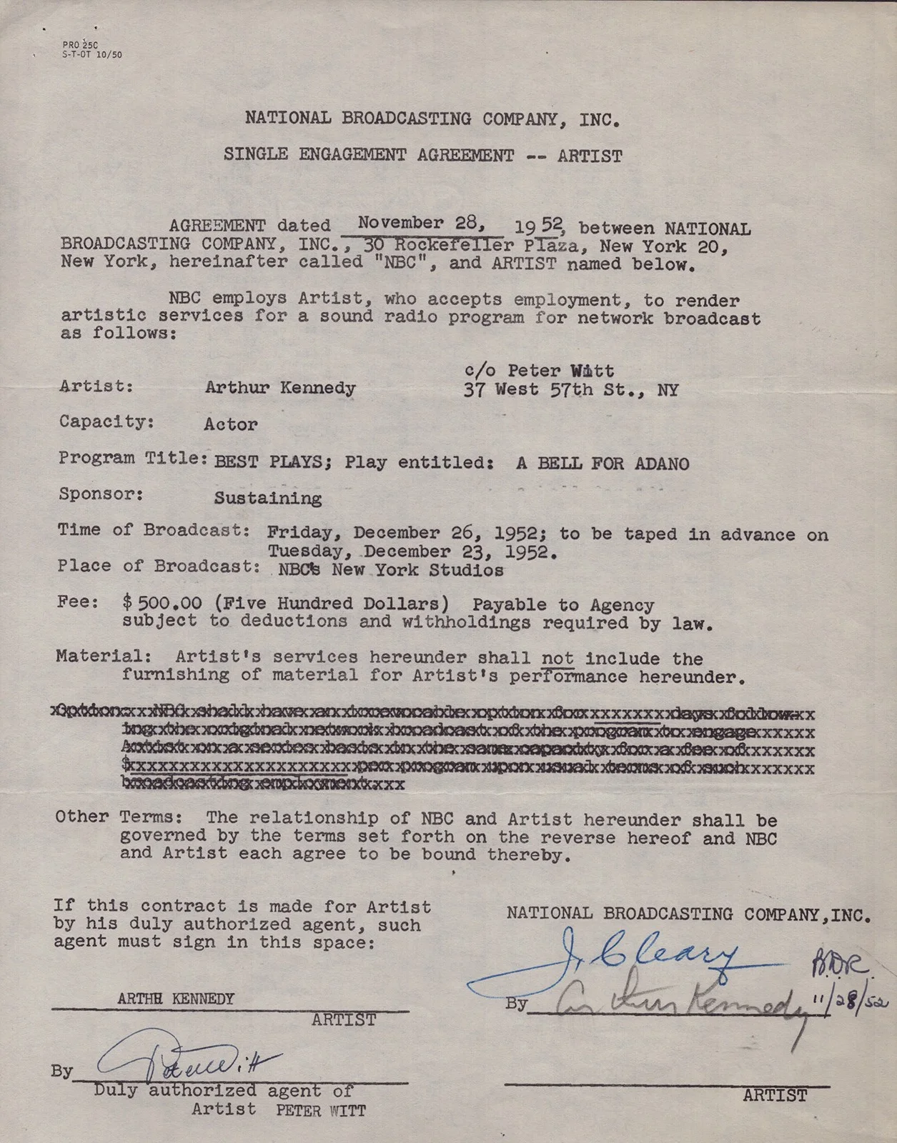 Arthur Kennedy — ARTHUR KENNEDY - CONTRACT SIGNED 11/28/1952