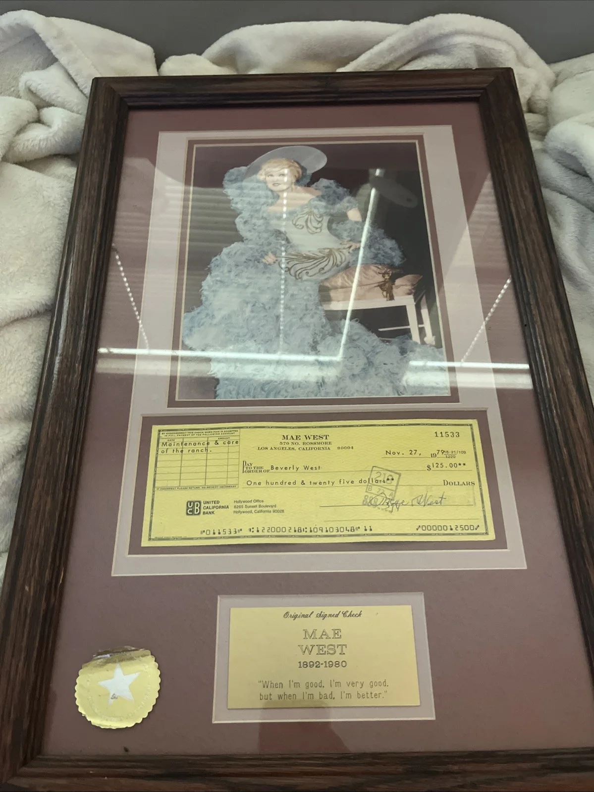 Mae West Signed Check With Photo And Seal Of Authenticity, image 2