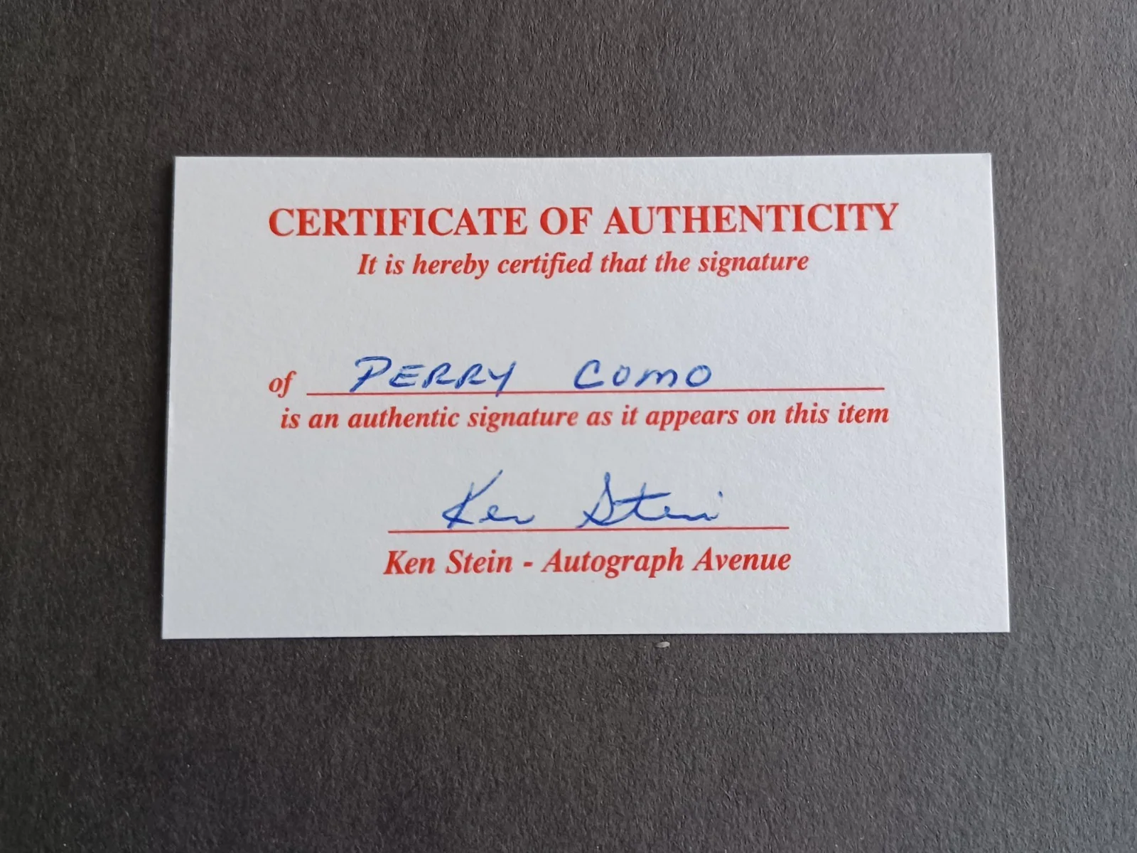Perry Como (d. 2001) Signed Index Card w/COA - Singer, Actor, image 2