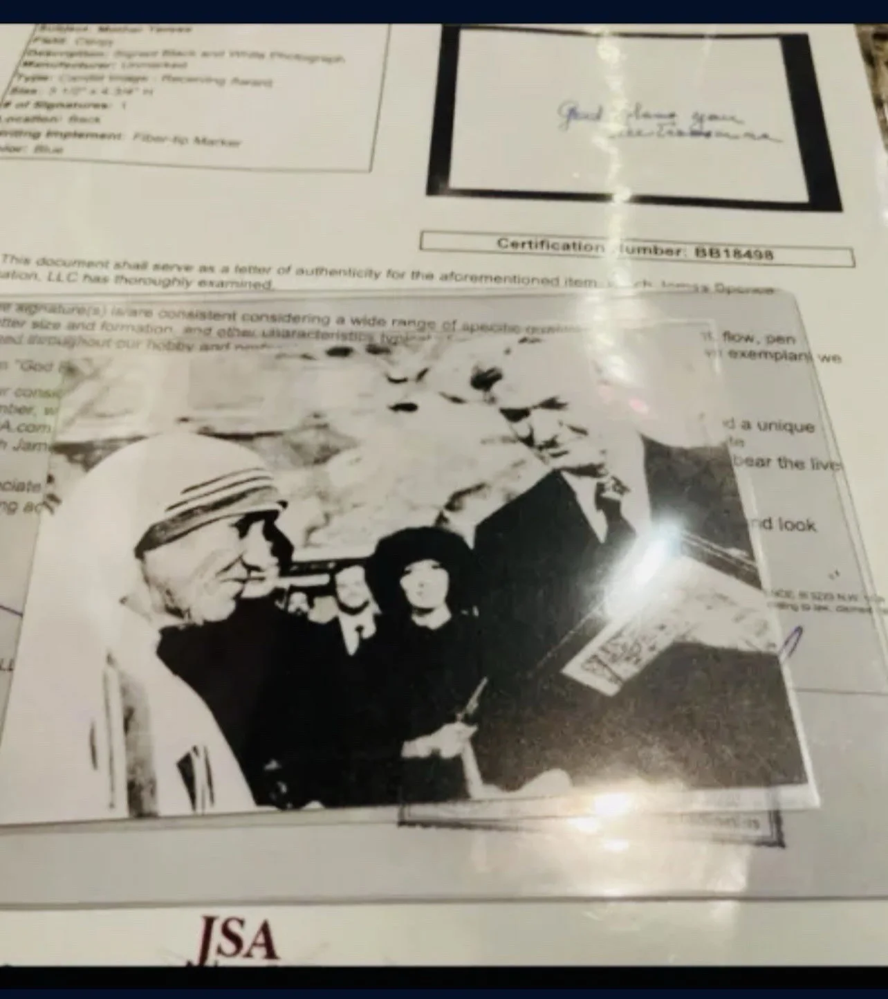 JSA COA LOA SAINT MOTHER TERESA SIGNED SMALL PHOTO, image 2