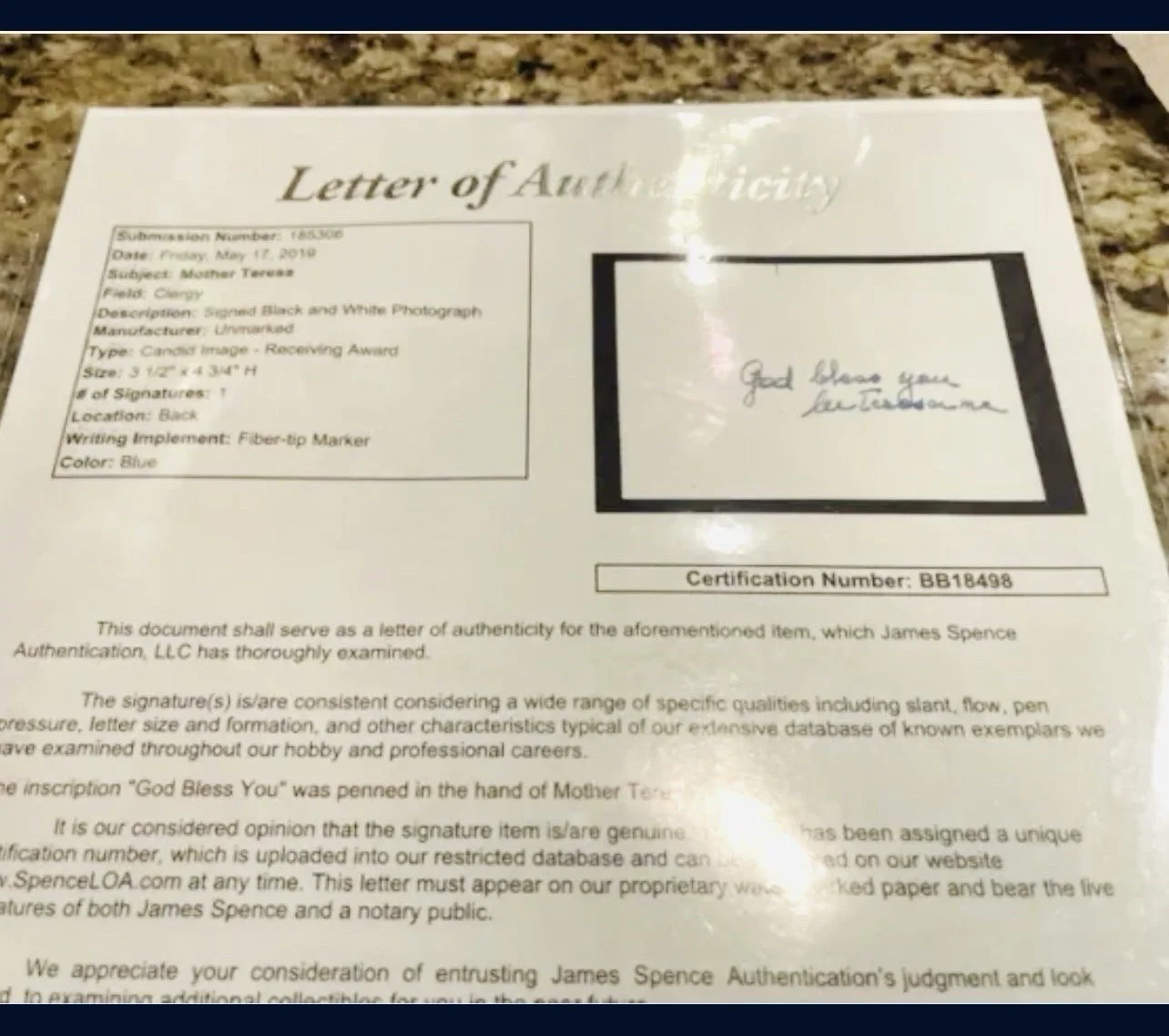 JSA COA LOA SAINT MOTHER TERESA SIGNED SMALL PHOTO, image 3