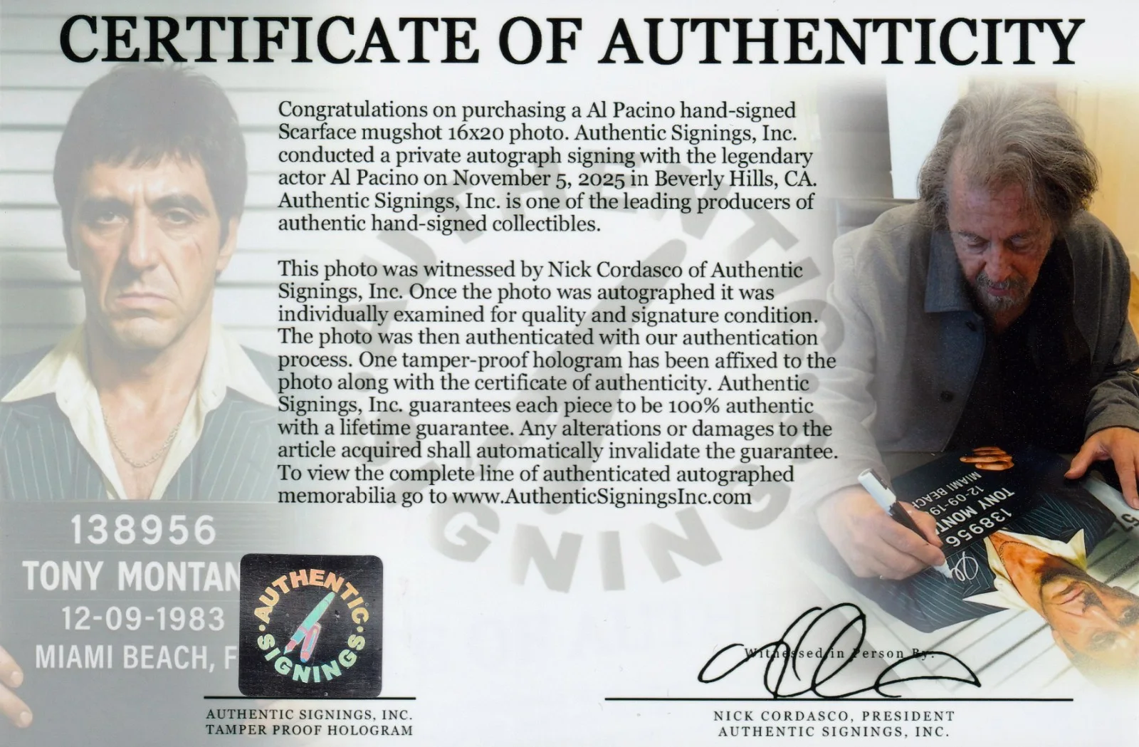 Al Pacino — Al Pacino Autographed SCARFACE Mugshot 16x20 Photo ASI Proof, изображение 2