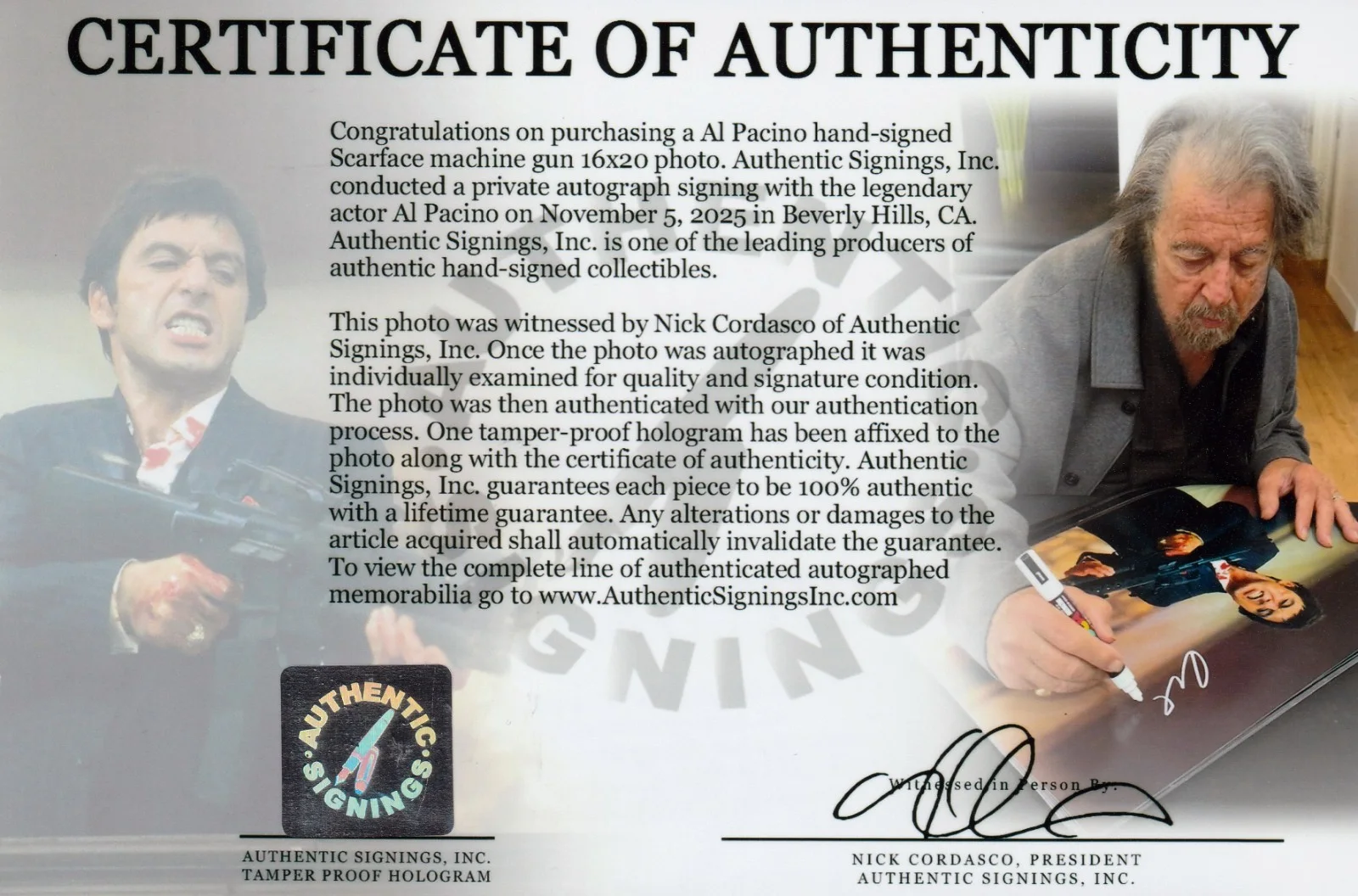 Al Pacino — Al Pacino Autographed SCARFACE Machine Gun 16x20 Photo ASI Proof, изображение 2