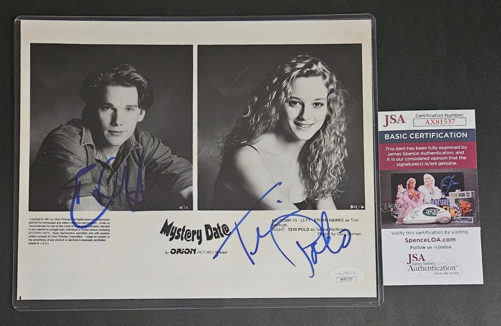 Ethan Hawke and Teri Polo — ETHAN HAWKE AND TERI POLO signed "MYSTERY DATE" 8"X10" photo JSA COA psa bas