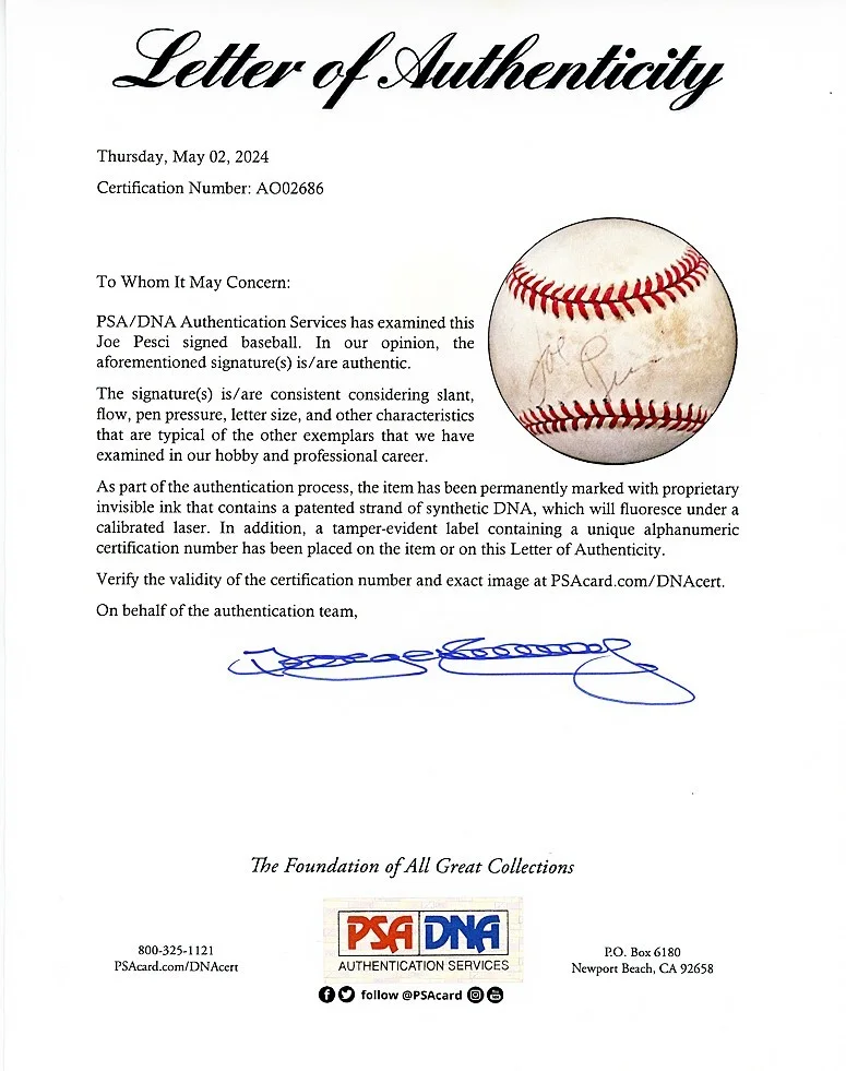Joe Pesci — -Rare- 1990's -JOE PESCI- JSA/PSA Signed/Autograph/Auto Vintage ONL BASEBALL