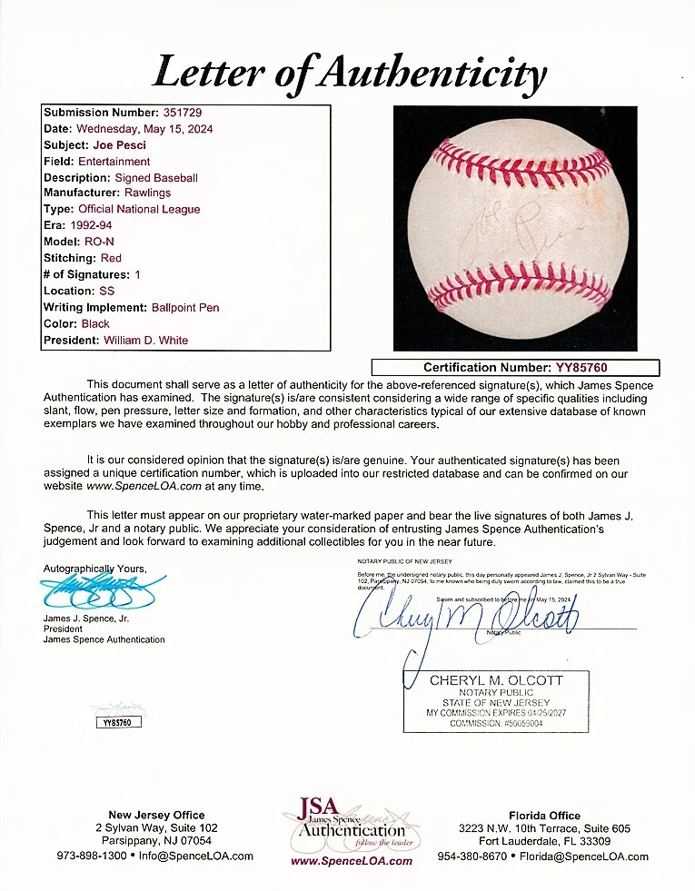 Joe Pesci — -Rare- 1990's -JOE PESCI- JSA/PSA Signed/Autograph/Auto Vintage ONL BASEBALL, image 3