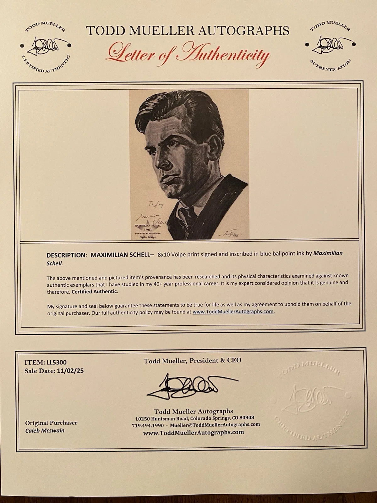 Maximillian Schell — Maximillian Schell Signed Autographed Volpe Print With COA Judgment At Nuremberg, image 4