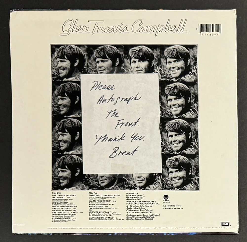 GLEN CAMPBELL signed 1972 GLEN TRAVIS CAMPBELL album, изображение 2