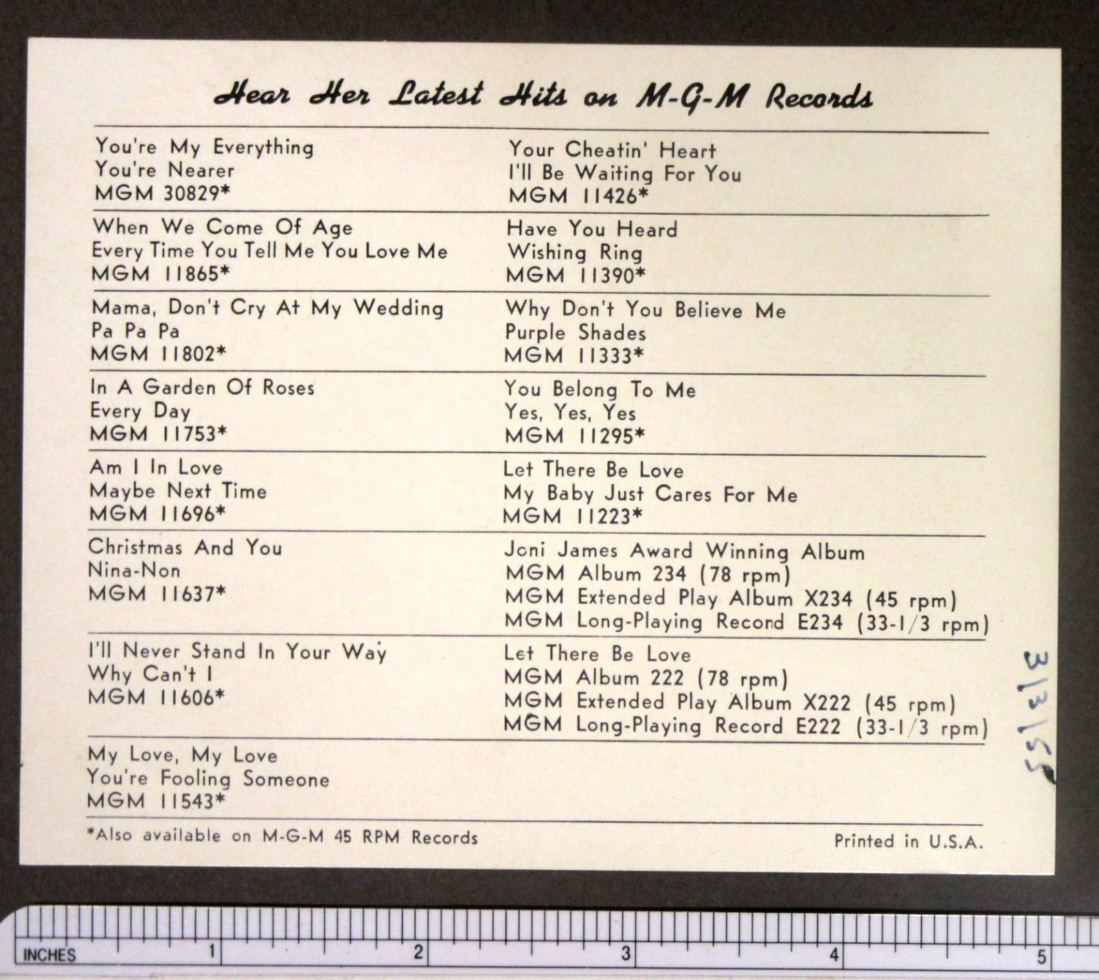 autographed 1955 JONI JAMES singer 5.25x4.25 MGM Record fan photo music chart wb, изображение 3
