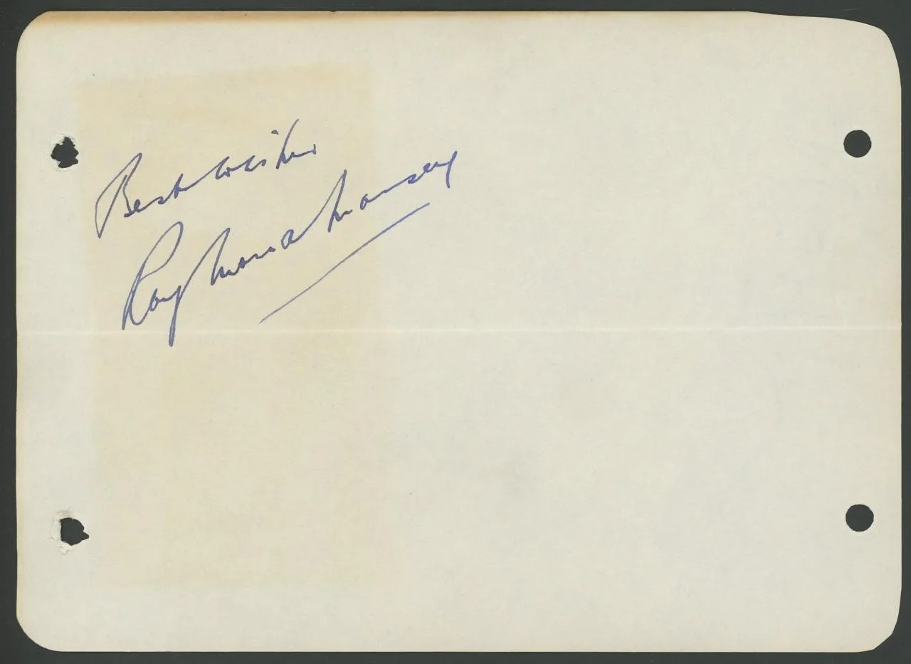 Raymond Massey — RAYMOND MASSEY (1896-1983) signed album page | "Arsenic and Old Lace" autograph