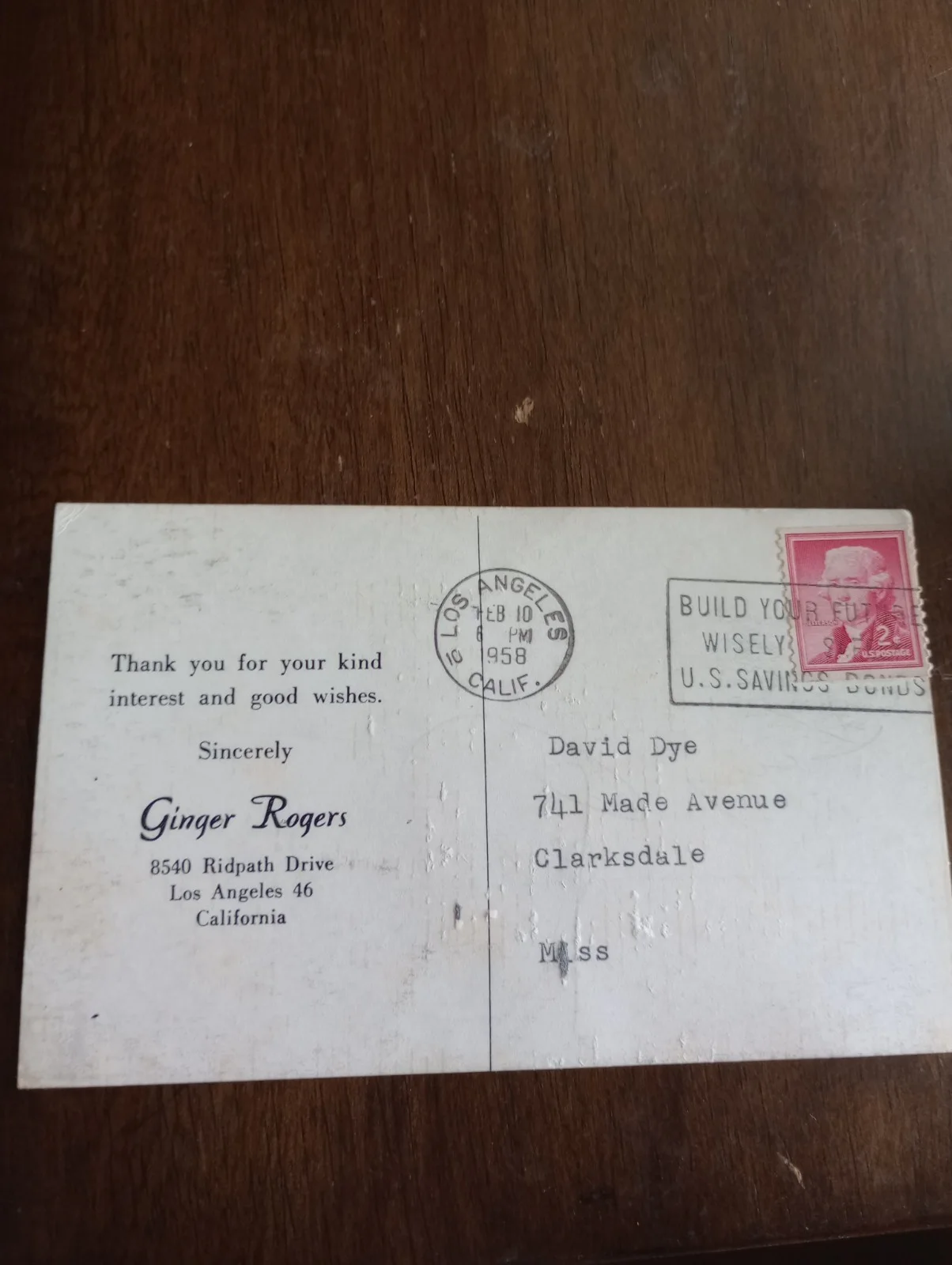 Ginger Rogers authentic autographed post card 1958 post Mark, image 2