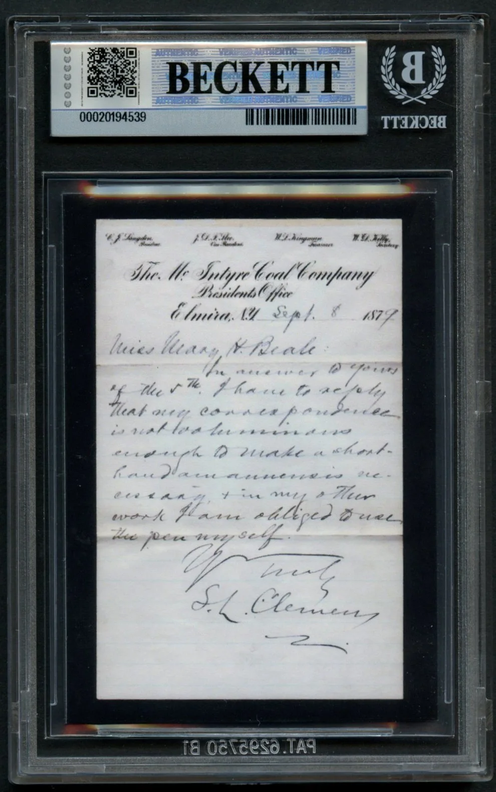Mark Twain HANDWRITTEN WORD "Miss" Custom Cut Card BAS Slabbed Read DESC!, изображение 2
