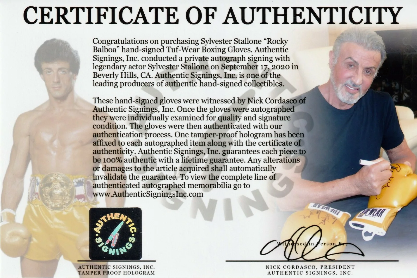 Sylvester Stallone — Sylvester Stallone Rocky Balboa Autographed Tuf Wear Boxing Gloves ASI Proof, изображение 2