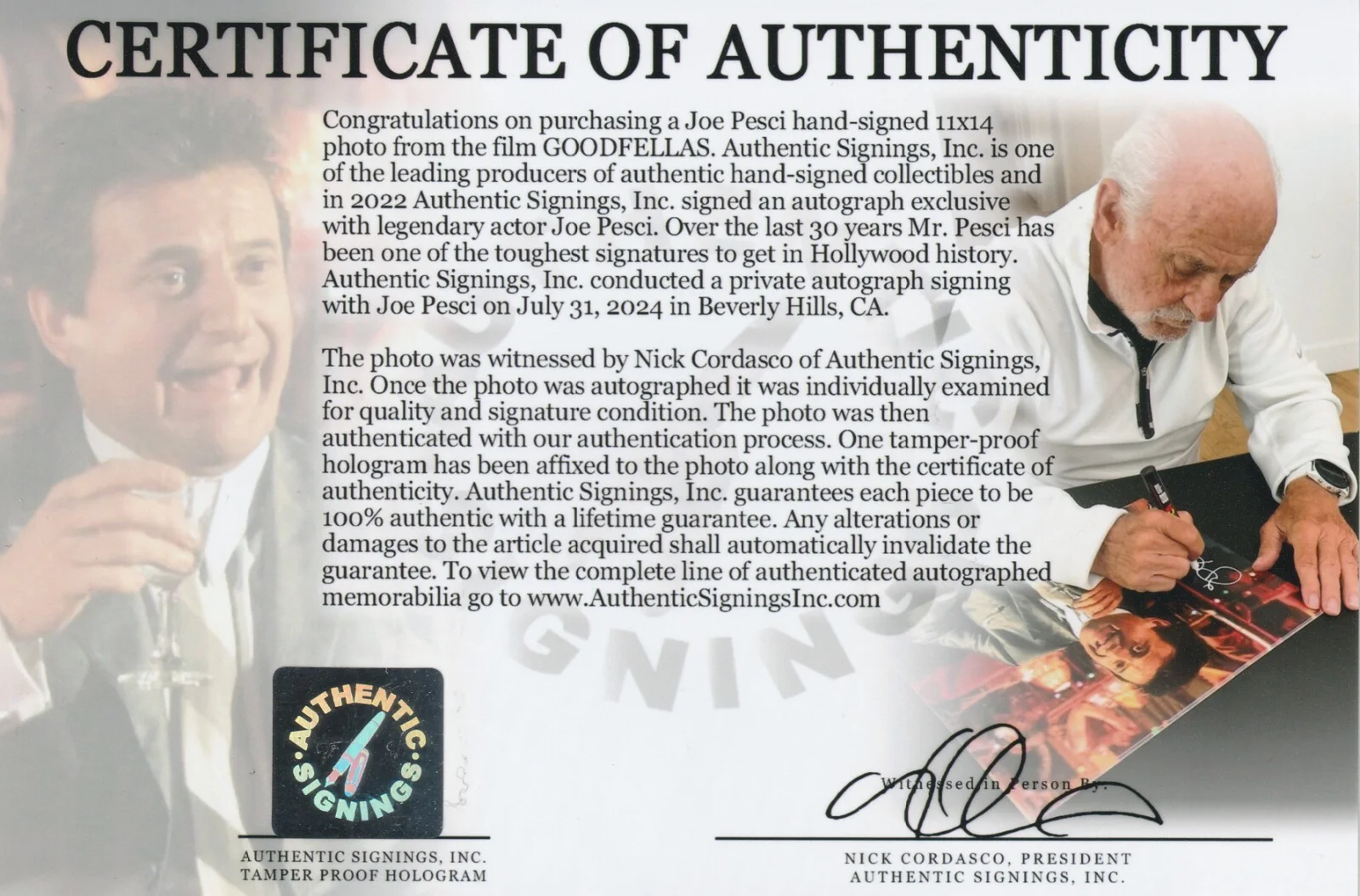 Joe Pesci — Joe Pesci Autographed GOODFELLAS 11x14 "FUNNY HOW" Photo ASI Proof, изображение 2