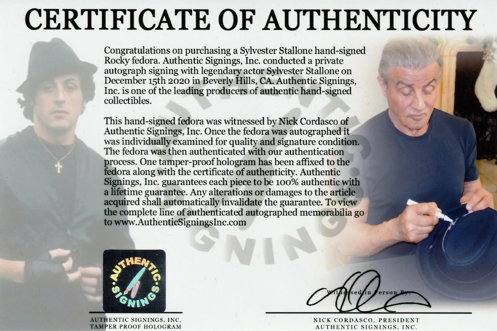 Sylvester Stallone — Sylvester Stallone Rocky Balboa Autographed Fedora Hat ASI Proof, image 2