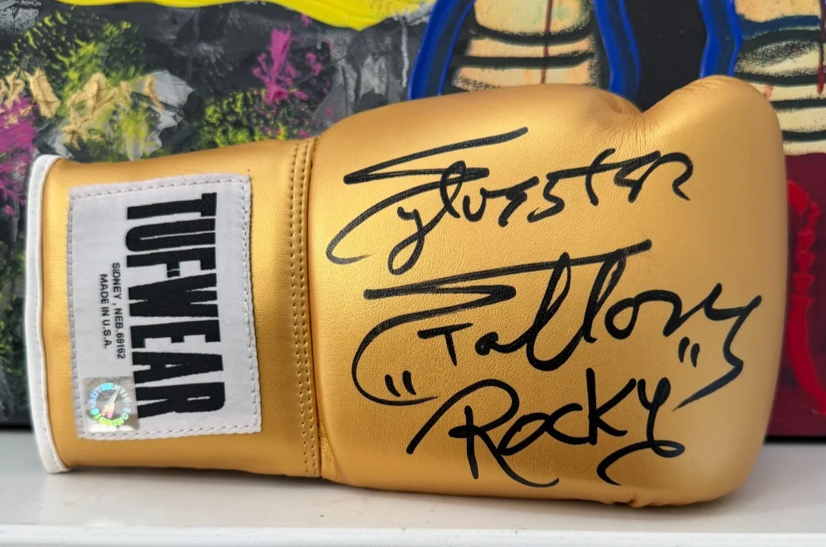 Sylvester Stallone — Sylvester Stallone Rocky Balboa Autographed Tuf Wear Yellow Glove ASI Proof
