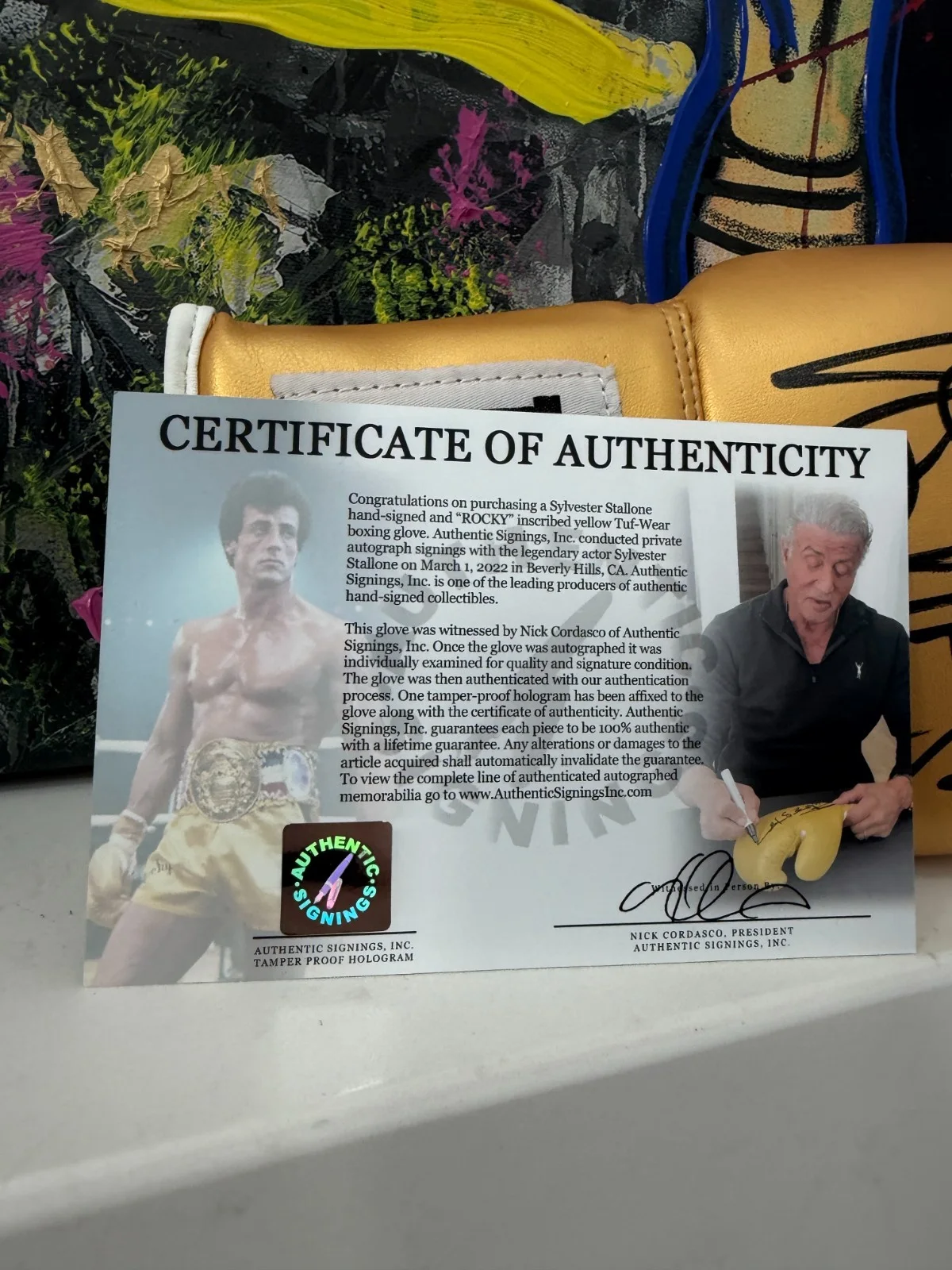 Sylvester Stallone — Sylvester Stallone Rocky Balboa Autographed Tuf Wear Yellow Glove ASI Proof, изображение 2