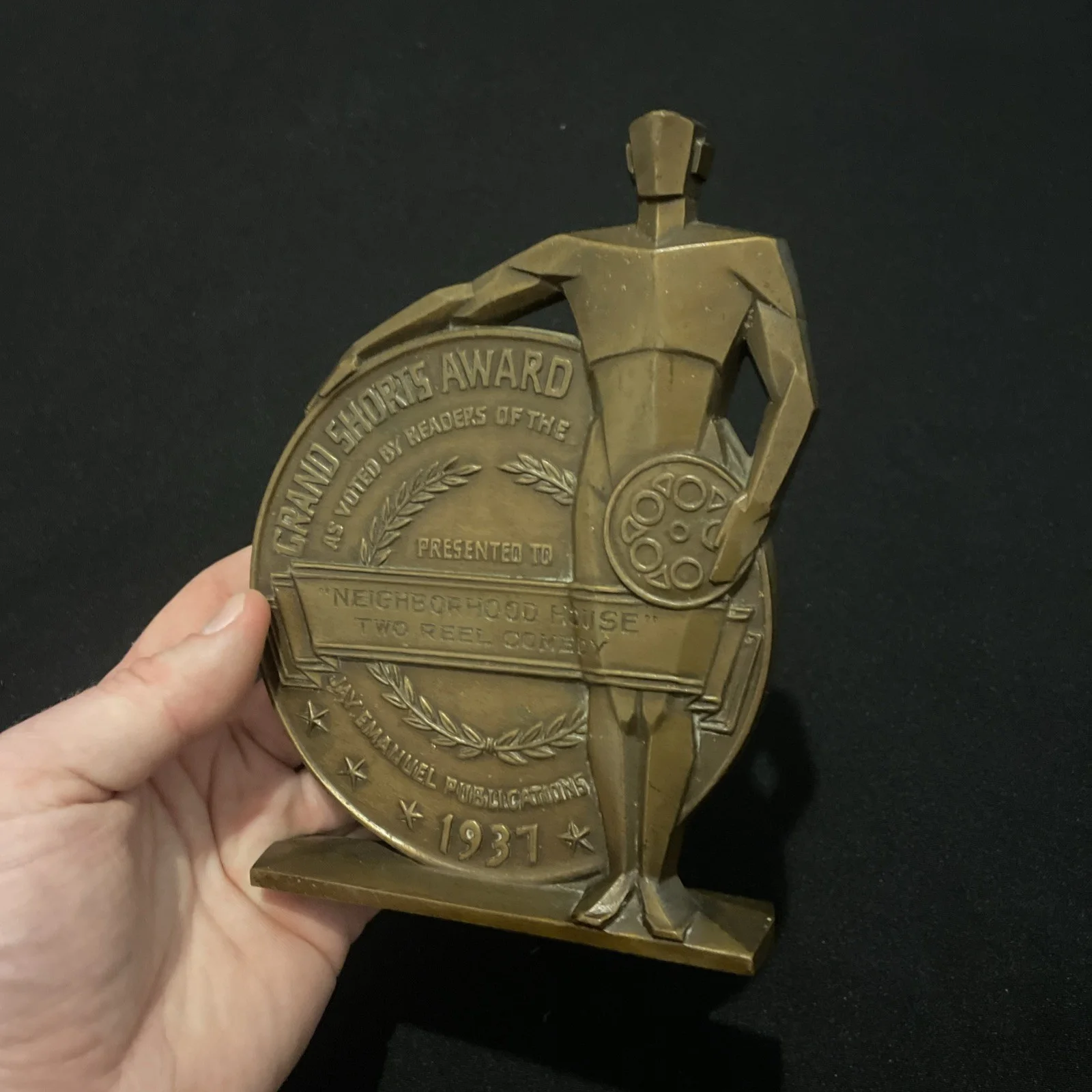 ORIGINAL 1937 Grand Shorts Award Academy Film Movie Prop Bronze Trophy Oscar Old, изображение 2