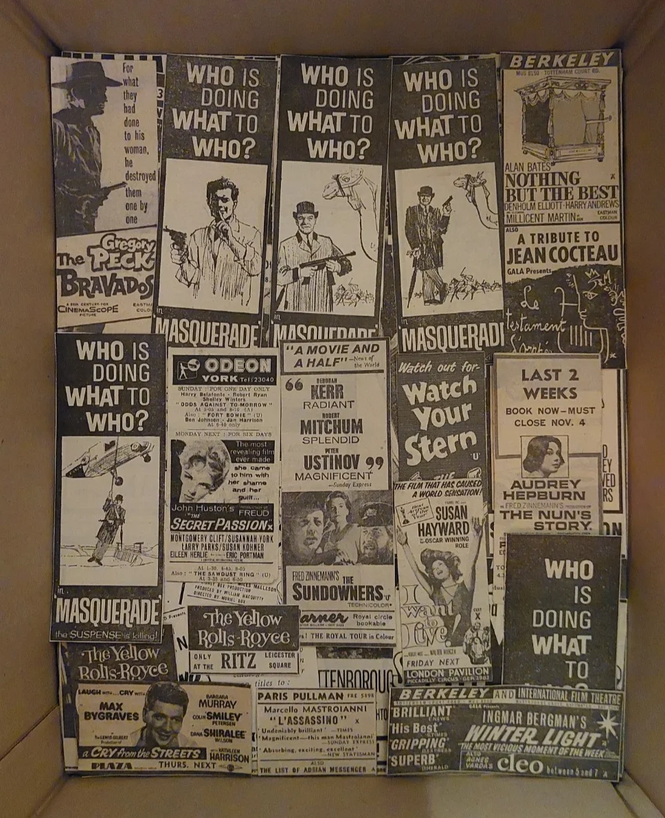 2kg Box of 1960s Vintage British Newspaper Cinema Clippings Listings Adverts, изображение 2