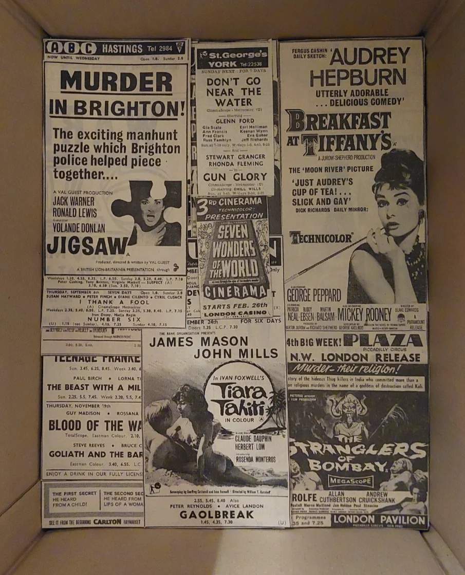 2kg Box of 1960s Vintage British Newspaper Cinema Clippings Listings Adverts, изображение 4