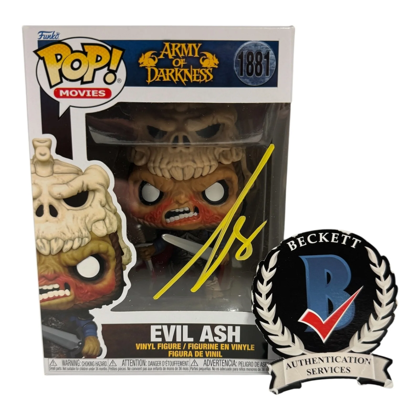 BRUCE CAMPBELL — AUTÓGRAFO FIRMADO POR BRUCE CAMPBELL FUNKO POP 1881 EJÉRCITO DE LA OSCURIDAD BECKETT EVIL ASH