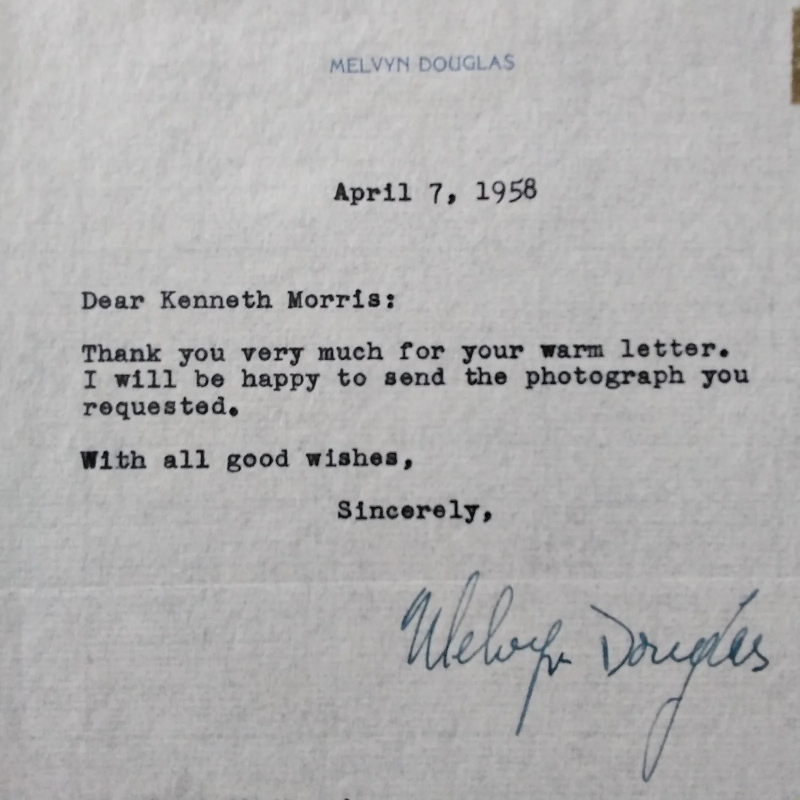 Melvyn Douglas SIGNED 1958 Letter Photo 40s Film Actor Ninotchka Hud Being There, изображение 3