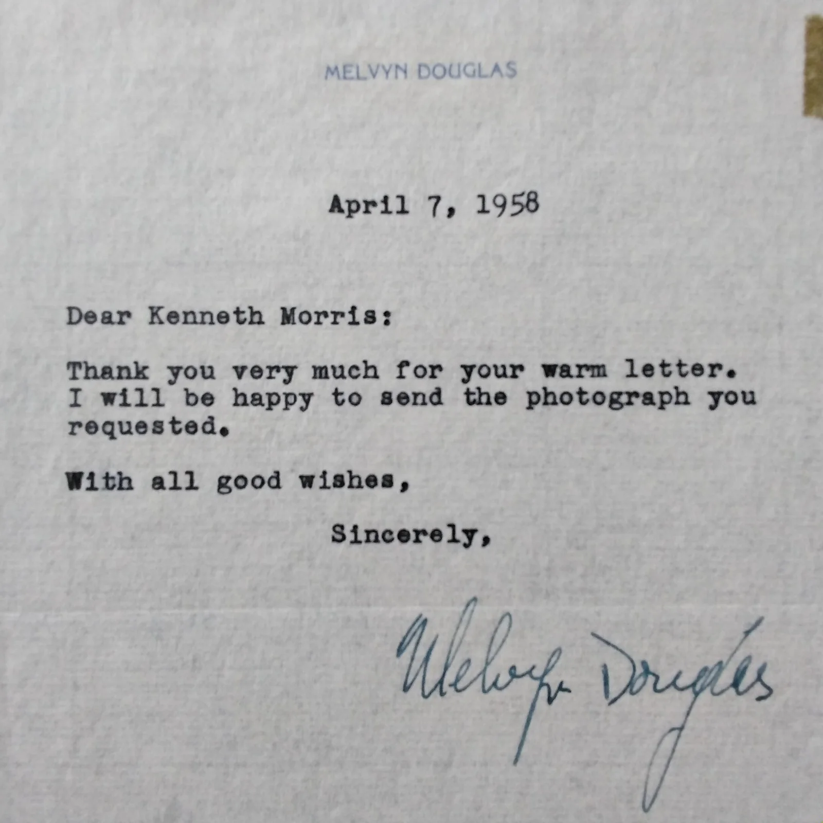 Melvyn Douglas SIGNED 1958 Letter Photo 40s Film Actor Ninotchka Hud Being There, изображение 5