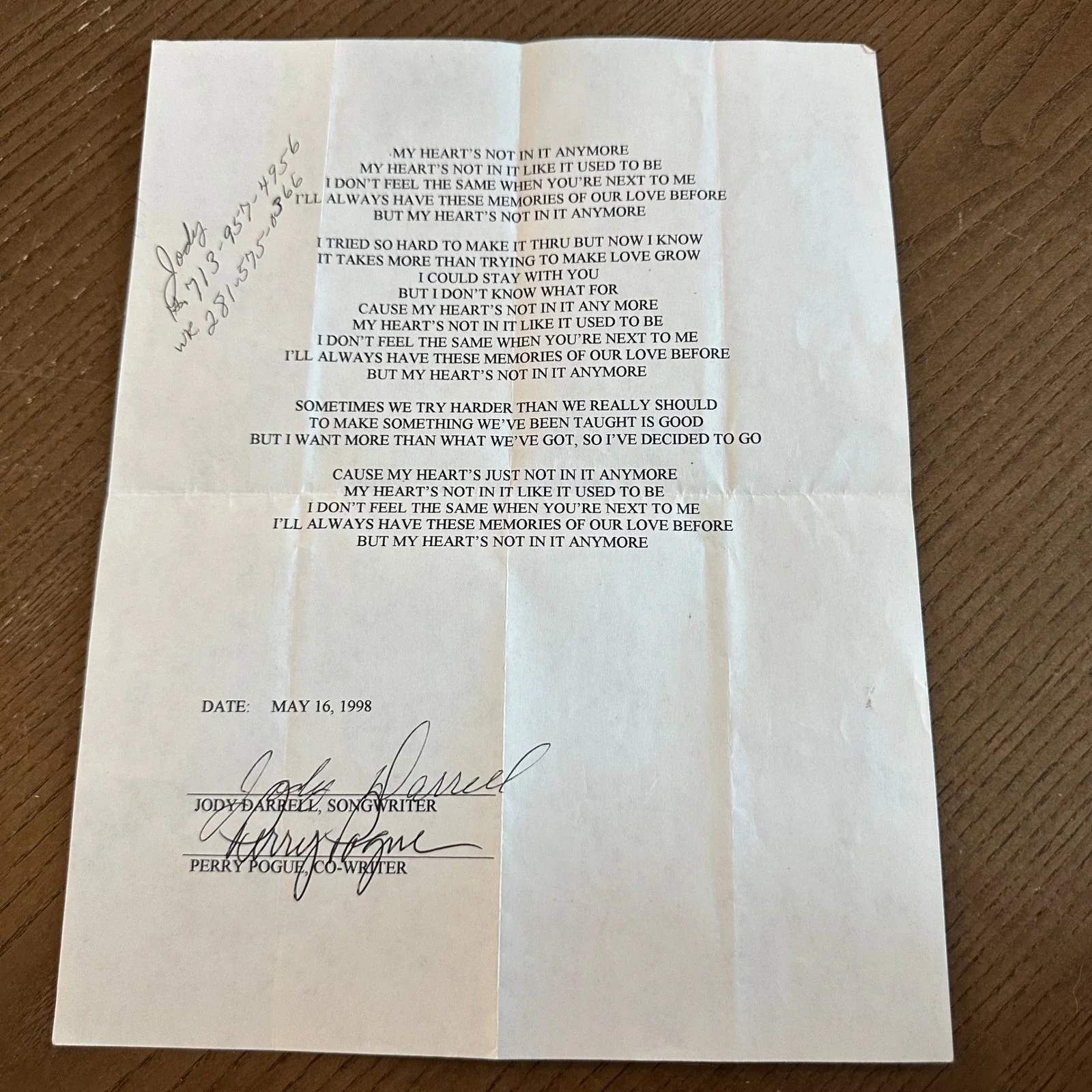 Vintage 1998 Signed Lyric Sheet My Heart's Not In It Anymore Darrell Pogue, image 3